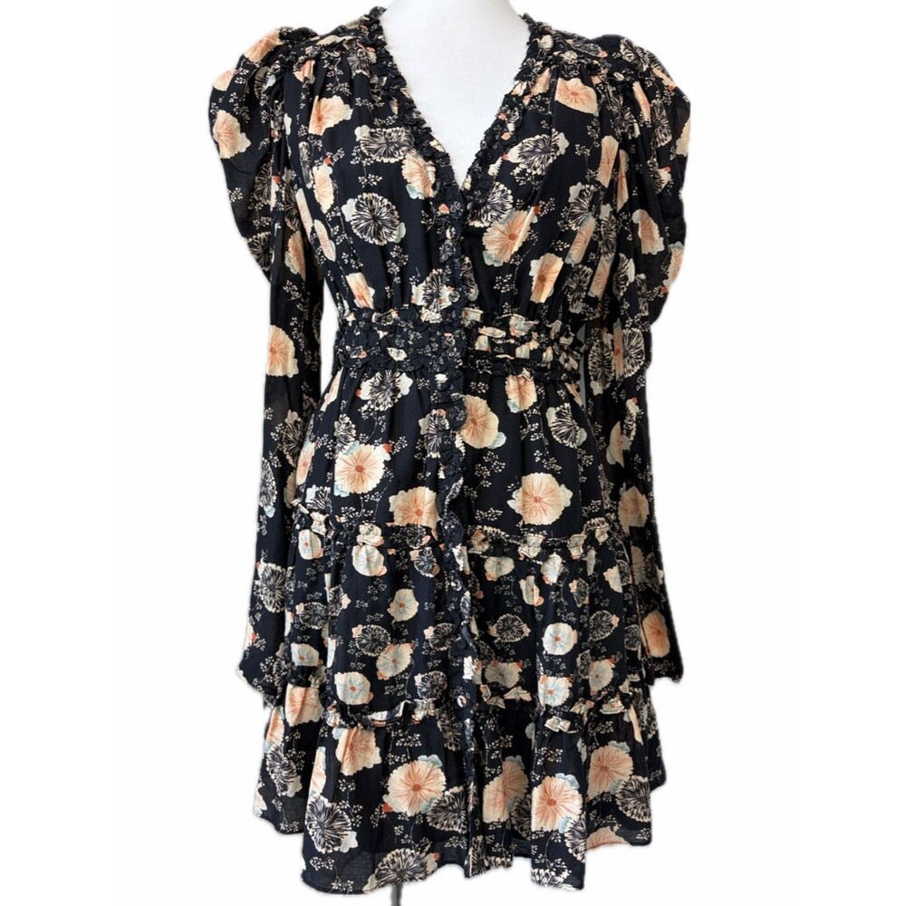 Ulla Johnson Winsor Dress Noir Black Floral Ruffled Mini Dress Size 8 Boho Chic